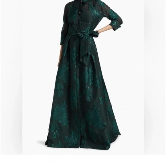 teri jon jacquard shirtdress gown with floral print in emerald - Picture 3 of 5